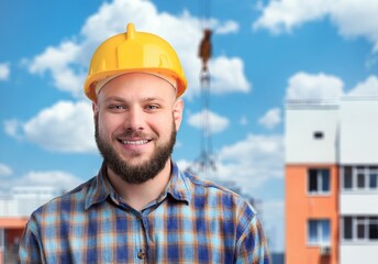 Happy architect man at construction, inspection on rooftop.