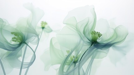 Delicate background with transparent x-ray turquoise, blue flowers on a white background.