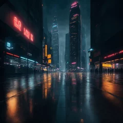 Photo sur Plexiglas Tower Bridge In the depth of the night, a towering cityscape emerges, draped in shadows and glistening with rain-soaked streets. The neo-noir HDR photograph captures the essence of a futuristic metropolis caught i