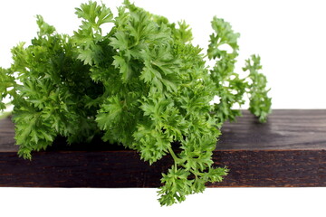Green fresh parsley lies on a wooden black cutting board on a white isolated background.