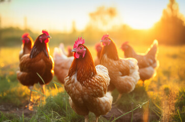 A group of chickens in animal husbandry on the grass - obrazy, fototapety, plakaty