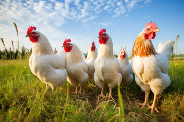 Fototapeta premium A group of chickens in animal husbandry on the grass