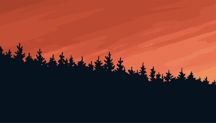 A dramatic sky with the glow of the sun. Coniferous forest silhouette on a red background. Beautiful fantastic landscape. Vector art illustration