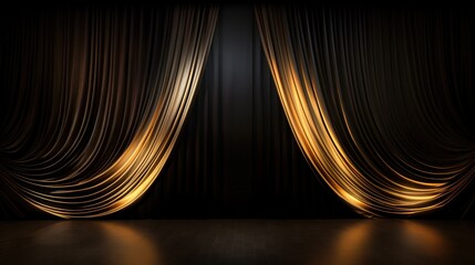 The empty background is a theater stage with black gold velvet curtains. Backstage under spotlights and spotlights. - obrazy, fototapety, plakaty