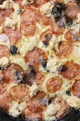 tasty pizza with salami and cheese