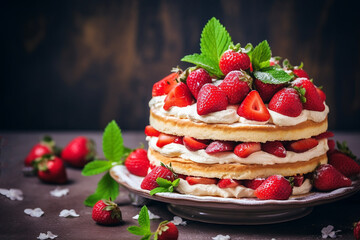 Strawberry biscuit cake with fresh berries and butter cream - obrazy, fototapety, plakaty