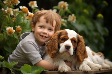 Cute spaniel with little boy in the garden. They are friends