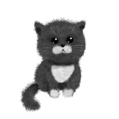 Tabby kitten. Cute furry cat. Home pet. Cartoon illustration isolated on white background. Black and white hand drawn sketch