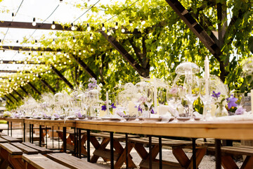 Wedding decorations. Set wedding table with silver plates, purple napkins, decorative fresh and dried flowers, candles and light bulbs. Celebration details, outdoor wedding
