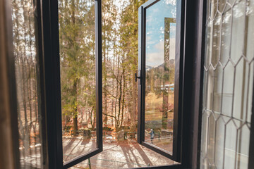 An Enchanting View of the Forest Through an Open Window at Peles Castle