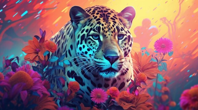a colorful painting of a large leopard with flowers.Generative AI