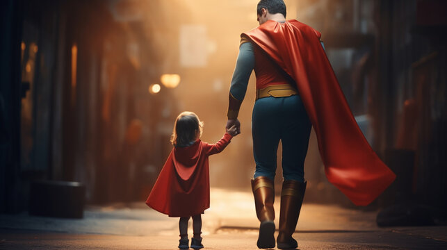 A father in a superhero costume holding hands with a boy