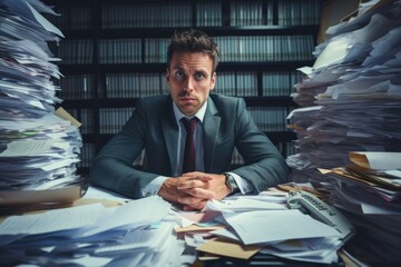 A lawyer in his office with many messy papers on his table