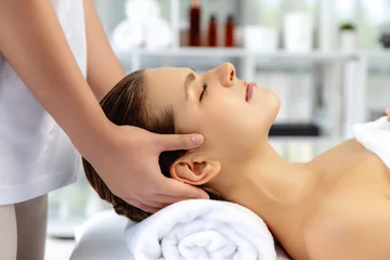 Foto op Plexiglas Caucasian woman enjoying relaxing anti-stress head massage and pampering facial beauty skin recreation leisure in dayspa modern light ambient at luxury resort or hotel spa salon. Quiescent © Summit Art Creations