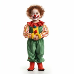 Halloween Delight: Cute Little Boy in Clown Costume Isolated on White. Generative ai