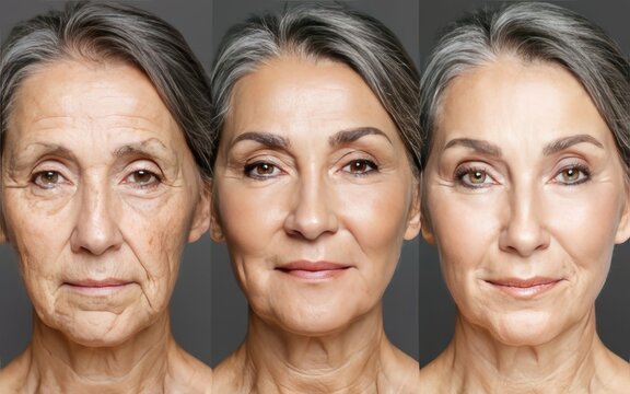 Collage with photos of mature woman before and after biorevitalization procedure, closeup