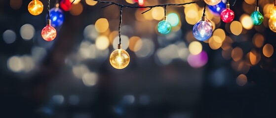 abstract background with colorful string lights and blur effect - copy space - obrazy, fototapety, plakaty