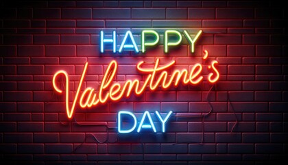 Fototapeta na wymiar Happy Valentine's Day background, A brick wall with neon sign Happy Valentine's Day on dark brick wall background.