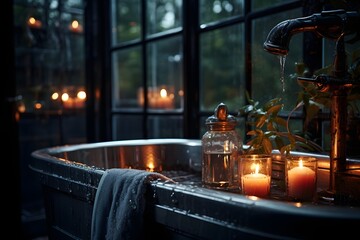 Bathtub with burning candles in a dark room at night.