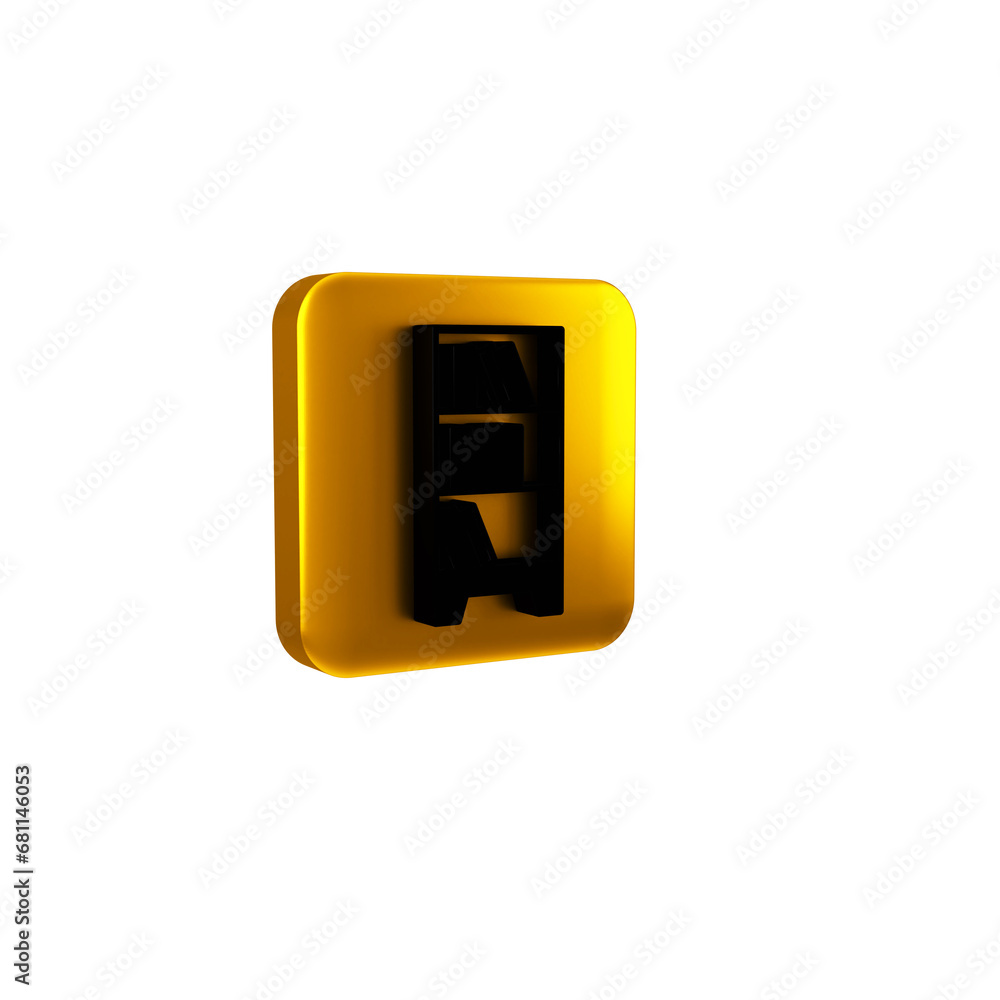 Poster black library bookshelf icon isolated on transparent background. yellow square button.