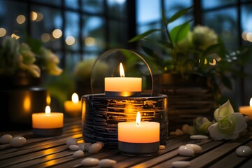 Burning candles in a glass vase on a wooden table.