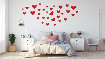 A bedroom with heart-shaped wall decals in various sizes.