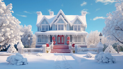 traditional victorian house adorned with christmas decorations on a snowy day