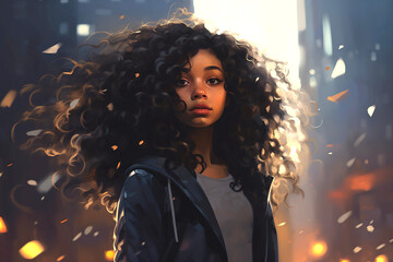 young woman with voluminous curls standing amidst glowing city embers