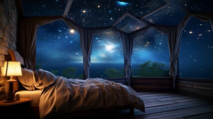 A bedroom with heart-shaped wall decals and a dreamy, starry night sky projection. - obrazy, fototapety, plakaty