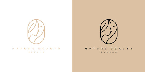 Nature Beauty Logo Design. Woman Face and Leaf Combination with Lineart Outline Style. Spa Logo Icon Symbol Vector Illustration.