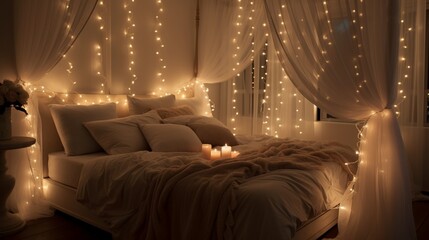 A bedroom with heart-shaped fairy lights hanging above a canopy bed with sheer curtains. - obrazy, fototapety, plakaty