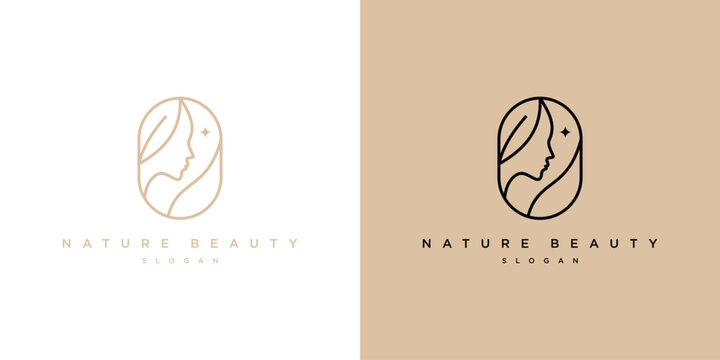 Nature Beauty Logo Design. Woman Face and Leaf Combination with Lineart Outline Style. Spa Logo Icon Symbol Vector Illustration.
