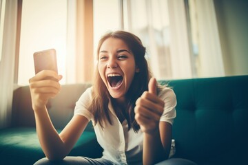 A joyous young woman at home, holding a smartphone, expresses happiness, gazes at the mobile screen, and triumphantly gestures yes—a celebration of technology's positive impact on her life