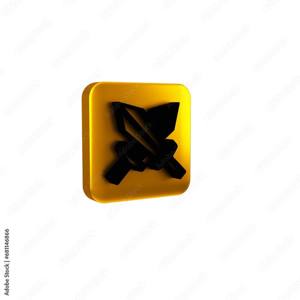 Poster black sword for game icon isolated on transparent background. yellow square button.