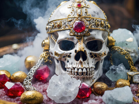 Still life with a human skull with gold, diamond and jewelry