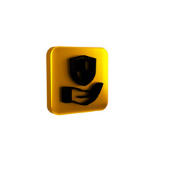 Black Shield in hand icon isolated on transparent background. Insurance concept. Guard sign. Security, safety, protection, privacy concept. Yellow square button.