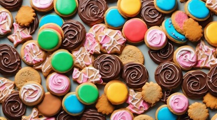 Fototapeta na wymiar delicious sweets on abstract background, sweets, chocoltae, donuts, sweet colored biscuits