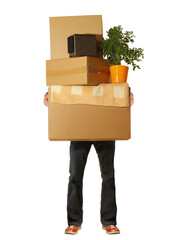 Mann mit Umzugskisten - Kartons zum umziehen; Kisten transparent PNG