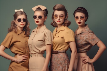 Group retro woman portrait. Four vintage style girls in sunglasses wearing old fashioned hairstyles...