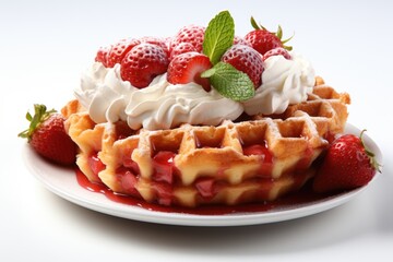 A waffle topped with whipped cream and strawberries