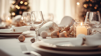 Elegant Christmas table setting with decorations. Concept of festive dining elegance.