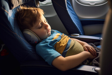 Kid sleeping inside the airplane during the flight.Flying with children. 