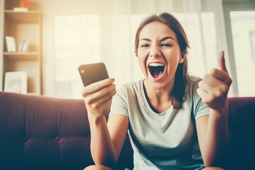 Radiating enthusiasm at home, a happy young woman sits on a sofa, captivated by the smartphone in her hand, expressing satisfaction and excitement, gesturing yes with a clenched fist