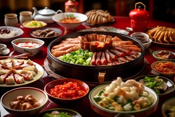 Obraz premium various Chinese foods on the dining table in a Chinese house during Chinese New Year celebrations