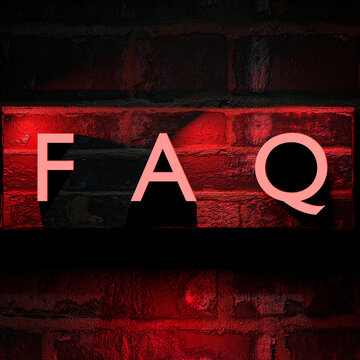FAQ icon website button design. Frequently asked question text on grunge brick wall background. 3D render illustration.