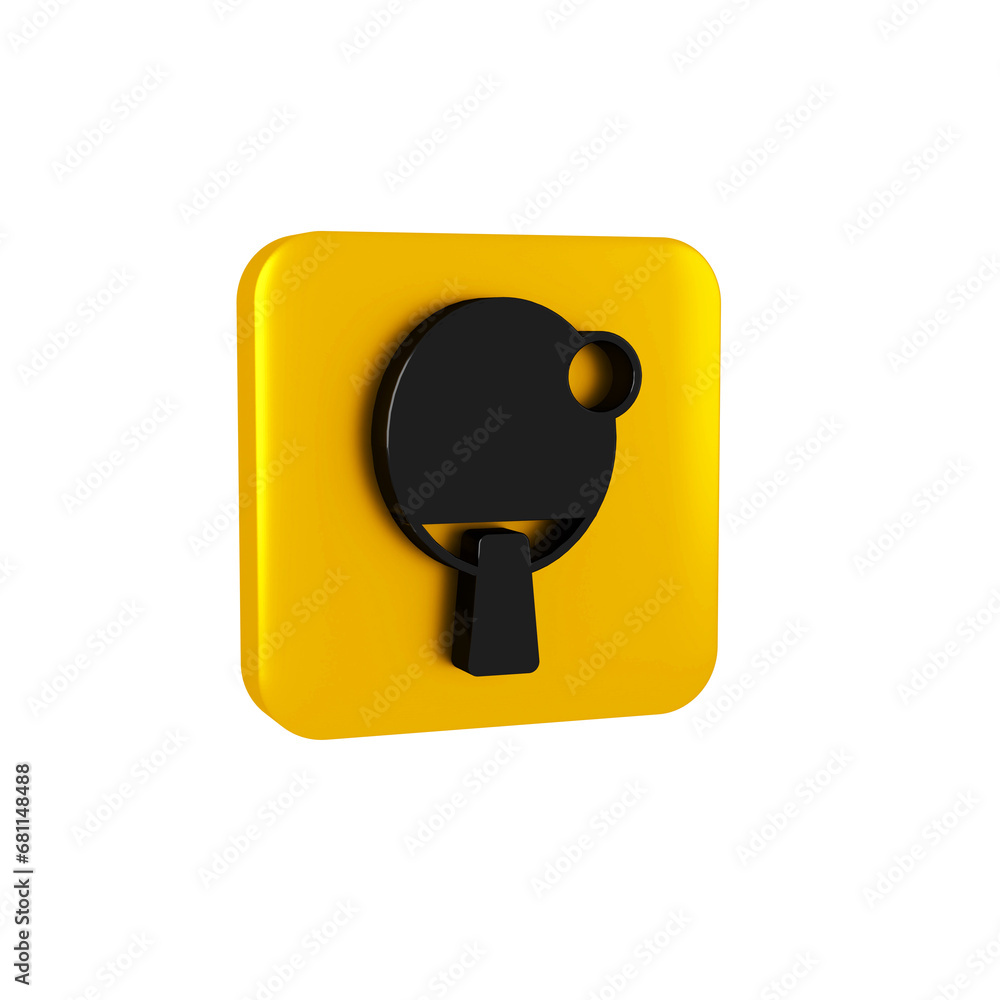 Poster black racket for playing table tennis icon isolated on transparent background. yellow square button.