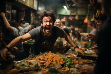 A hilarious scene in a crowded restaurant where chaos ensues as dishes crash and characters scramble to keep order - obrazy, fototapety, plakaty