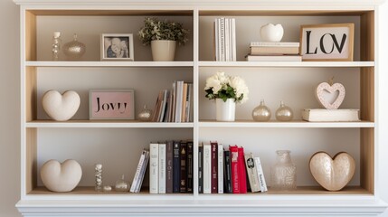 A bookshelf adorned with love-themed books, heart-shaped trinkets, and framed romantic quotes.