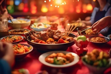 various Chinese foods on the dining table in a Chinese house during Chinese New Year celebrations
