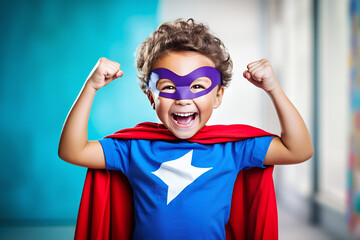 little superhero girl throws up his fists and rejoices in his success - obrazy, fototapety, plakaty